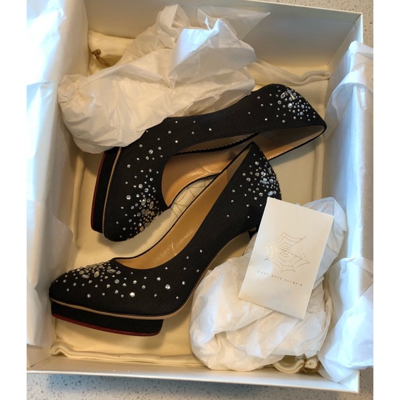 Charlotte Olympia Black Linen Bejeweled stiletto 9 - Picture 7 of 8